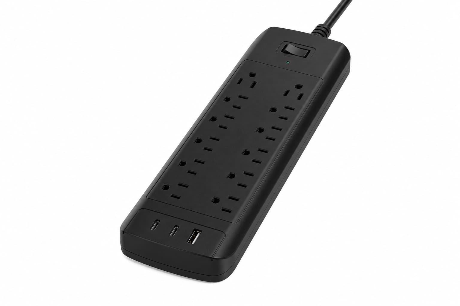 Eleven-Outlet Surge Protector with USB Charging - front product view on white background